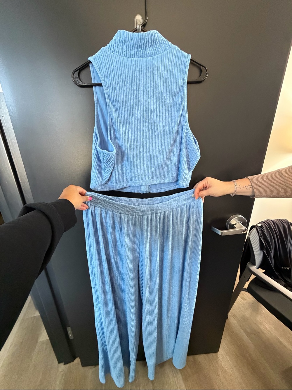SHEIN Light Blue Ribbed Wide-Leg Two-Piece Set
